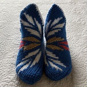 Handmade Blue Knit Slipper Socks with White and Tan Pattern